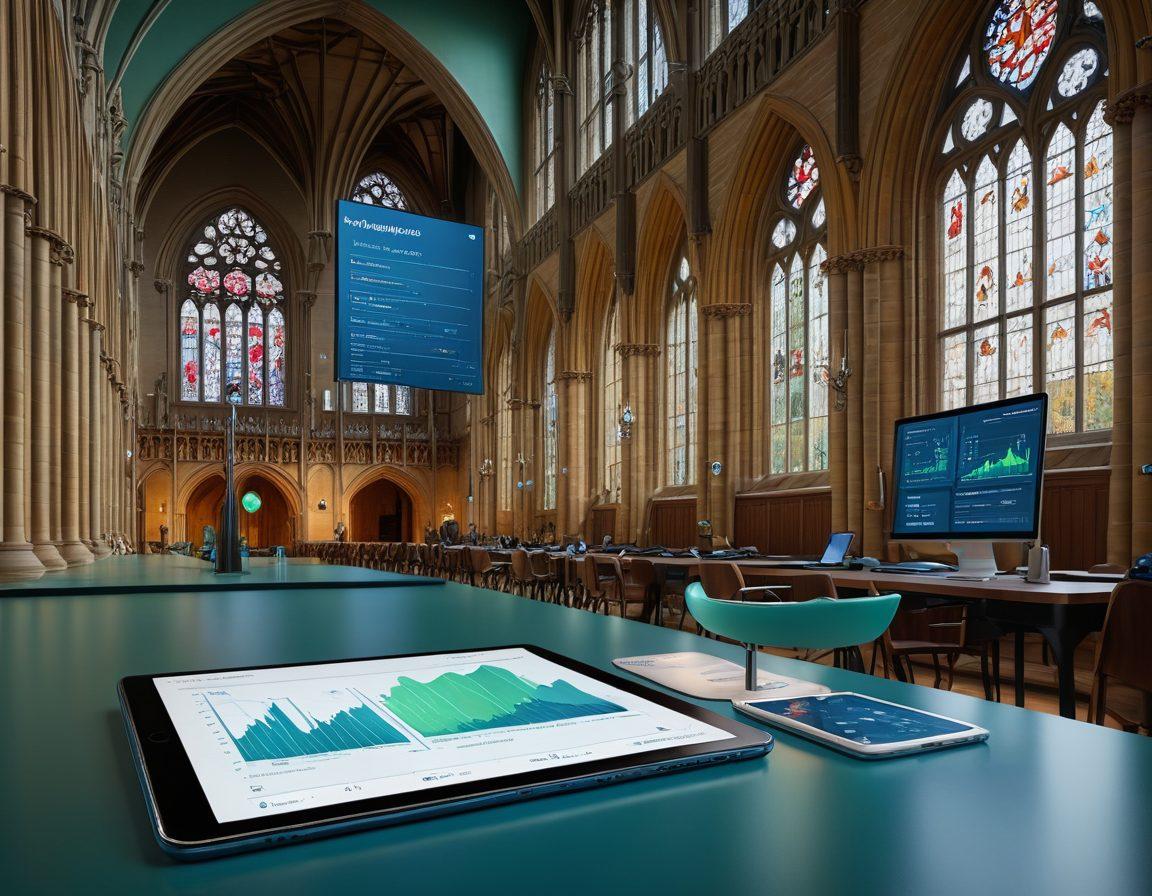 A futuristic representation of an online insurance service in Cambridge, featuring a sleek digital interface with graphs and risk analysis metrics. Include iconic Cambridge architecture in the background, blended with elements of technology like AI-driven tools and data visualizations. Showcase diverse individuals using the service on various devices, highlighting accessibility and innovation. Incorporate a blue and green color palette to convey trust and security. super-realistic. vibrant colors. 3D.