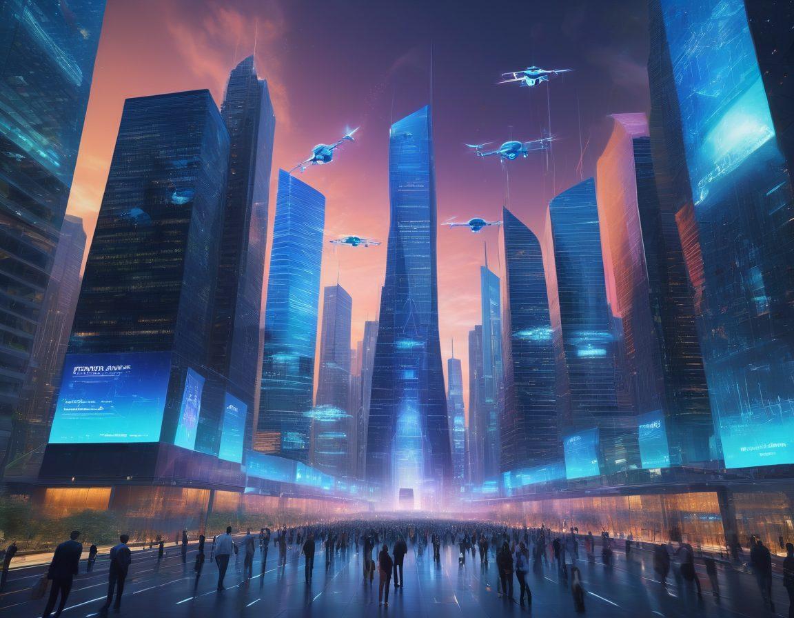 A futuristic city landscape illustrating a blend of technology and insurance, featuring digital insurance cards and holographic data screens amidst skyscrapers. People interacting with virtual insurance agents and drones flying above delivering coverage solutions. The scene should evoke a sense of innovation and accessibility in insurance. vibrant colors. 3D. super-realistic.