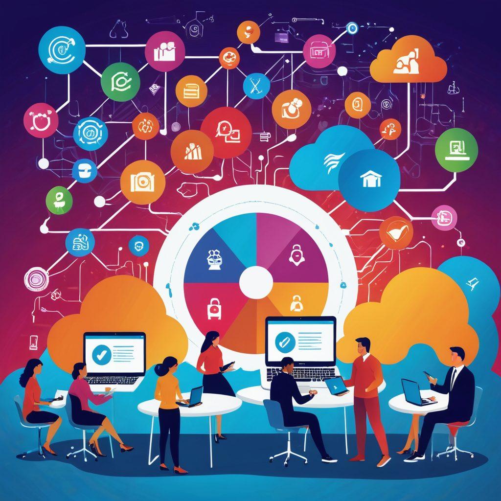 A visually engaging illustration of a digital landscape showcasing various e-Insurance options, featuring a diverse group of people discussing affordable plans on laptops and tablets. Include icons representing customizable coverage options floating around them, with a fusion of technology and finance symbols in the background. The scene should convey accessibility and community in the world of online insurance. vibrant colors. modern graphic design.